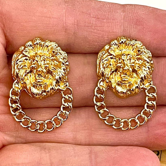 NEW Earrings LION HEAD Big Cat Door Knocker Style Jewelry Pierced Post J17 - Picture 7 of 7
